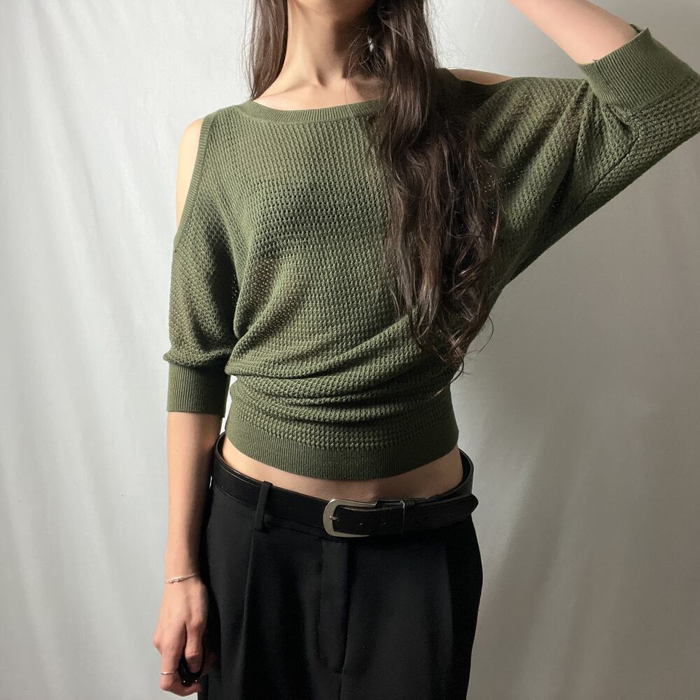y2k express green boho boatneck fitted slouchy 3/4 sleeve knit top blouse